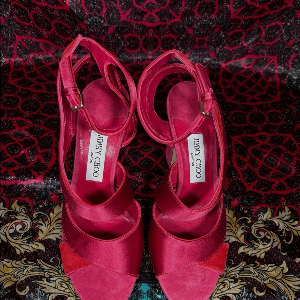 Jimmy Choo Hot Pink Satin Strappy Heels - Picture 2 of 6